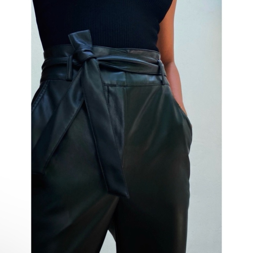 Aritzia Babaton Vegan Leather Belted Pant High Waist Tie Front Trouser Black 8 - Picture 5 of 16